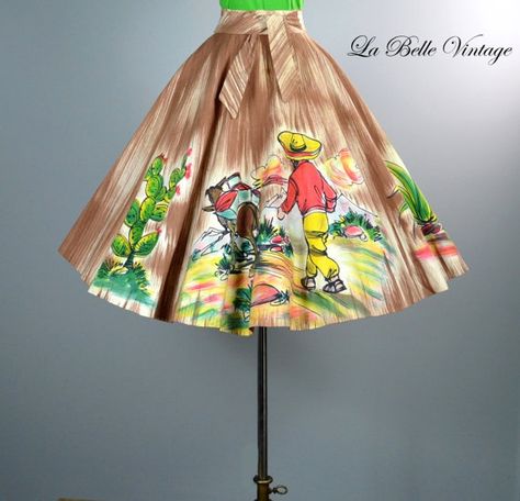 The Hand Painted One  Vintage 1950s Full Circle by labellevintage Decorated Lampshades, 1950s Inspired Fashion, Hand Painted Skirt, Painted Skirt, Mexican Skirt, Mexican Skirts, 1950s Fabric, Decorate Lampshade, Mexican Fashion