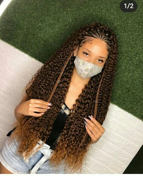 Frontal Braids Hairstyles, Braided In The Front Curly In The Back, Half Feed In Braids Half Sew In Curly, Half Cornrows Half Curly Weave, Locks Braids, Curly Braided Hairstyles, Passion Twist Crochet, Vacation Hair, Passion Twist Hair