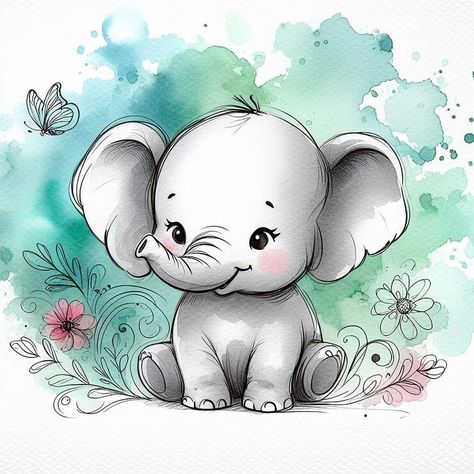 Cute Elephants Drawings, Elephant Cartoon Images, Baby Elephant Cartoon, Baby Elephants Art, Baby Elephant Drawing, Cute Elephant Cartoon, Baby Animal Drawings, Watercolor Forest, Art Tutorials Watercolor