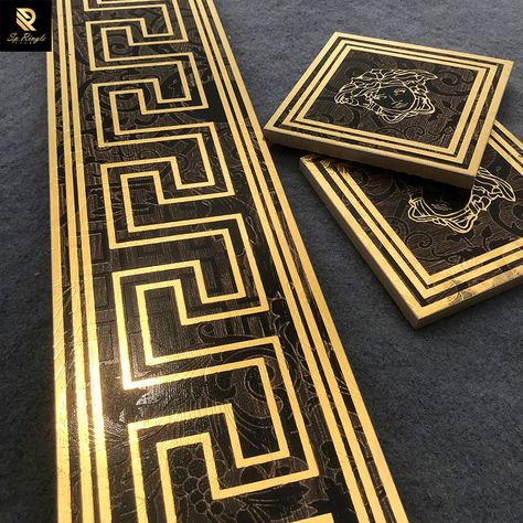 Floor Pattern Design, Gold Floor, Interior Tiles, Screen Printing Process, Border Tiles, Matte Ceramic, Tile Ceramic, Black Tiles, Gold Ceramic