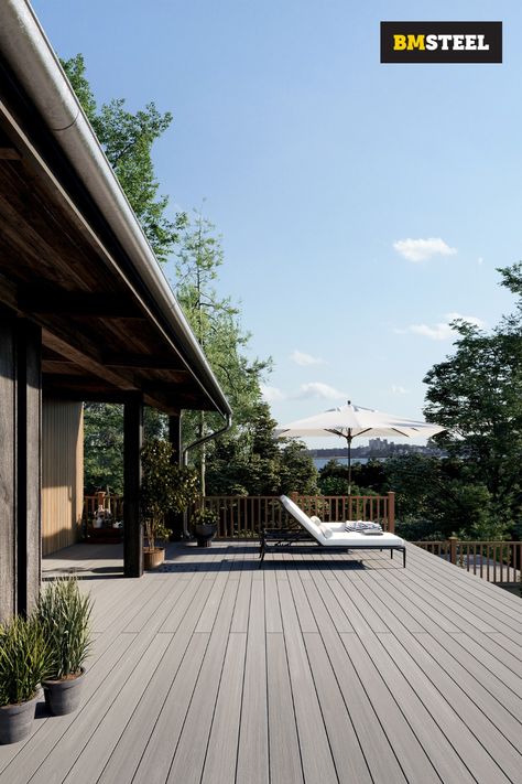 Our Composite Decking Boards have a textured deep grain perfectly imitating natural timber grain, an ideal replacement for laboursome timber decking. #home&garden #homeimprovement #decking Black Composite Cladding Exterior, Dark Composite Decking, Composite Timber Cladding, Brown Composite Decking, Colour Steel Cladding Nz, Steel Cladding, Composite Decking Boards, Timber Deck, Deck Boards