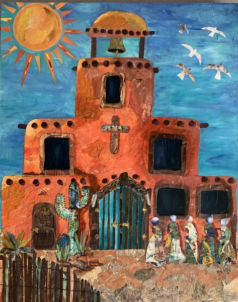 Southwest Landscape Paintings, Adobe House Paintings, Santa Fe Style Decor, Latinx Art, Southwest Art Paintings, Mexican Village, Southwest Adobe Paintings, Watercolor Buildings, Glass Frit Painting