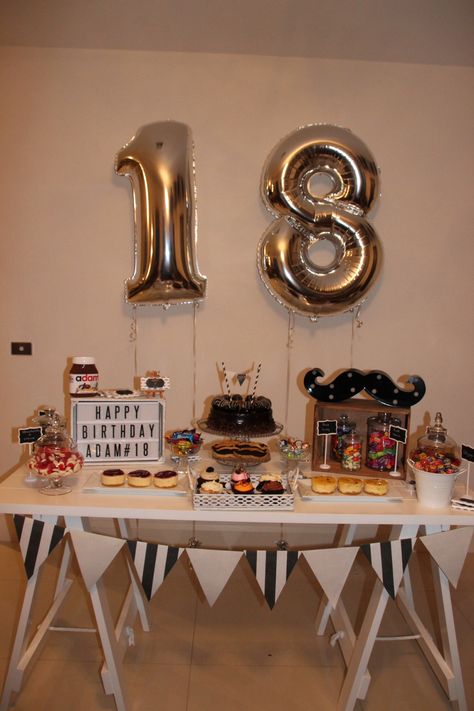 18th Birthday Party Ideas Theme Decoration, 18th Birthday Ideas For Boys, Birthday Candy Table, Birthday Photoshoot Ideas Boys, Happy Birthday Adam, 18th Party Ideas, Teenage Birthday Party, 18th Birthday Party Themes, 18th Birthday Decorations