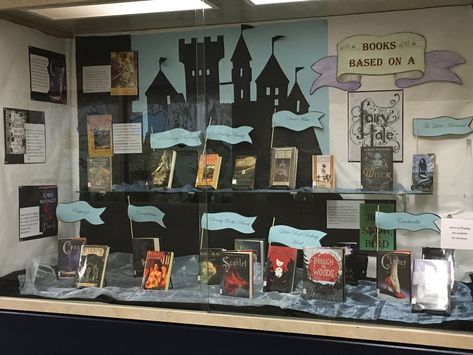 Library display YA fairytale retelling books based on a fairytale Once Upon A Time Library Displays, Fantasy Book Display, Fantasy Book Display Library, Fairytale Display, Fairytale Library, Fairytale Retelling Books, School Library Decor, Bookstore Design, School Library Displays