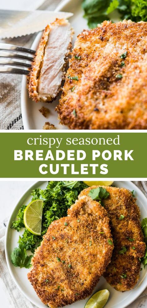 These breaded pork cutlets are made with crispy seasoned panko breadcrumbs on the outside and juicy tender pork on the inside. Ready in only 30 minutes, this quick and easy dish is a dinnertime favorite! #breadedporkcutlets #pork Breaded Pork Cutlets, Mexican Pork Recipes, Panko Recipes, Pork Cutlet Recipes, Cutlet Recipes, Mexico Recipes, Isabel Eats, Main Recipes, Meat Cooking