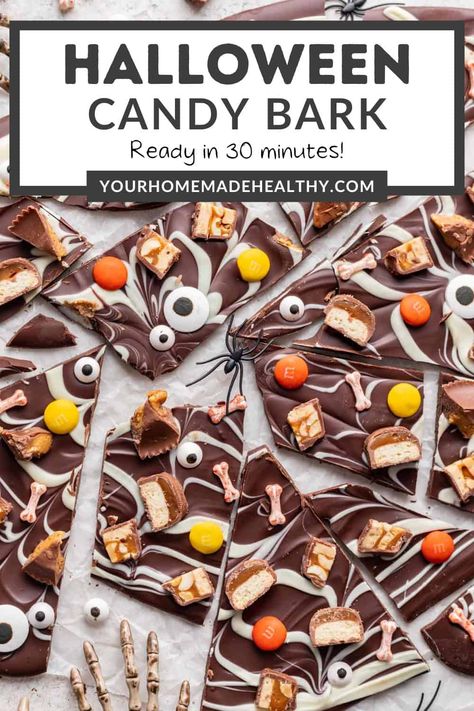 Turn Halloween candy into festive Halloween Candy Bark! With just a few simple ingredients and about 30 minutes of prep time, you can make this easy Halloween recipe for all of your celebrations this fall. Halloween Candy Chocolate Bark, Baking With Halloween Candy, Halloween Candy Homemade, Halloween Fudge Ideas, Homemade Halloween Candy Recipes, Halloween Bark Candy, Halloween Candy Bark Recipes, Homemade Halloween Candy, Halloween Chocolate Bark