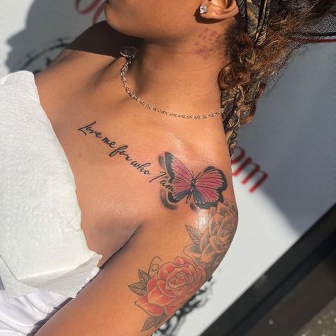 Shoulder Tat Women, Love Yourself Tattoos For Black Women, Cute First Tattoos For Women, Tats Black Woman, Should Tattoos For Women, Black People Tattoo Ideas, Shoulder Tattoo Black Woman, Black Girls Tattoos, Shoulder Tats Black Women