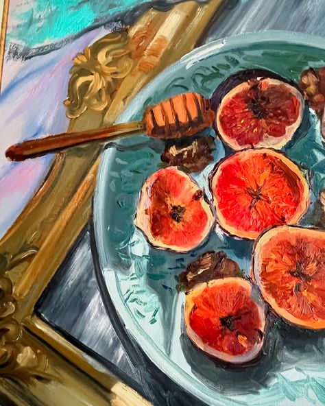 “Figs on a Mirror Tray” by Nargiz Bashirova. Oil on canvas. 70*50 sm. Still life on canvas depicting halved figs under rays of sunshine, rested on a beautiful emerald plate on a mirror tray. #fineartbaku #artsy #oilpanting #oiloncanvas #figs #stilllife #artgallery #artcurator #artcollection Fig Painting, Acrylic Still Life, Still Life Artists, Diy Pottery Painting, Mirror Tray, Art Curator, Diy Pottery, Still Life Art, Oil Pan