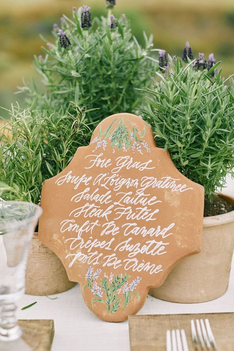 Calligraphy Menu on Terra Cotta Tile for outdoor dining Terracotta Pots Seating Chart, Terracotta Pot Seating Chart, Wedding Place Settings Terra Cotta, Terracotta Acrylic Wedding Sign, Terracotta Wedding Signage, Acrylic Welcome Sign Wedding Terracotta, Menu Signage, Calligraphy Envelope Addressing, Digital Calligraphy