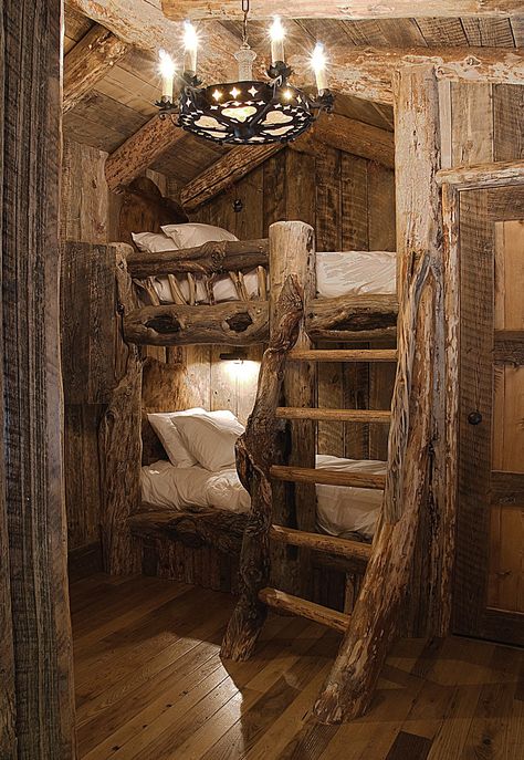 It would be insanely cool to do a small cabin in the backyard with bunks like this for the kids as a clubhouse!  They could have sleepovers with friends and it could include a trundle under the bottom bunk! Rustic Bunk Beds, Casa Hobbit, Built In Bunks, Cabin In The Woods, Style At Home, Rustic Cabin, Cabin Homes, Cabins In The Woods, Bunk Bed