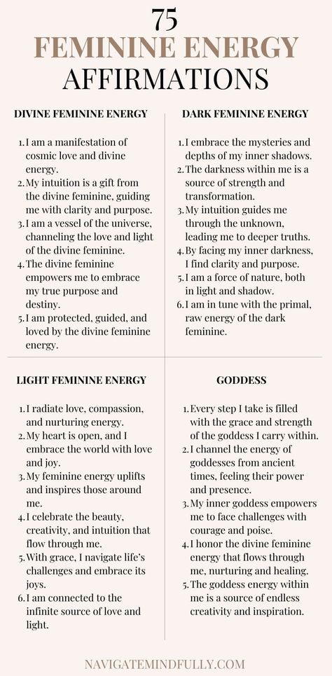 75 Feminine Energy Affirmations to Awaken Your Inner Goddess Feminine Energy Affirmation, Energy Affirmations, Powerful Feminine, Healing Journaling, Divine Feminine Spirituality, Self Care Bullet Journal, A Course In Miracles, Energy Healing Spirituality, Empowering Words