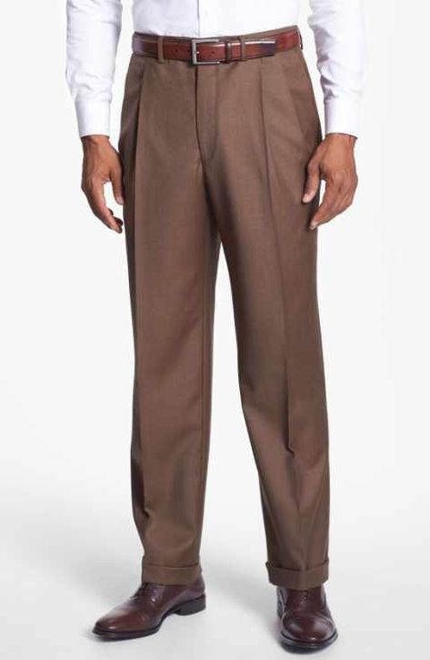 Santorelli 'Luxury Serge' Double Pleated Wool Trousers Mens Fashion Big And Tall, Brown Pants Men, Mens Dress Slacks, Big And Tall Style, Informal Dress, Ties Mens Fashion, Brown Trousers, Men Stylish Dress, Tall Pants