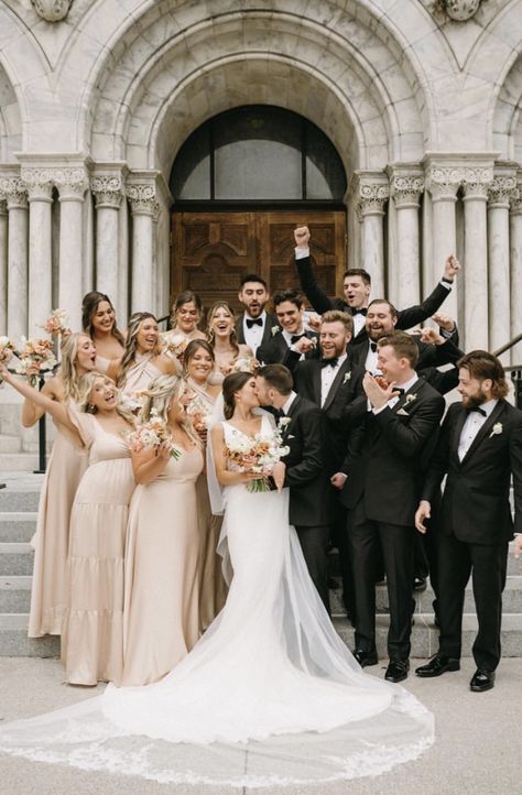 Bride And Groom Group Photos, Wedding Colours Champagne, Wedding Color Scheme Champagne, Champagne Bridesmaid Dress With Black Suit, Gold White And Champagne Wedding, Champagne And Neutral Wedding, Sand Bridesmaid Dress With Groomsmen, Ivory Bridesmaid Dresses With Groomsmen, Fall Wedding Neutral Color Scheme