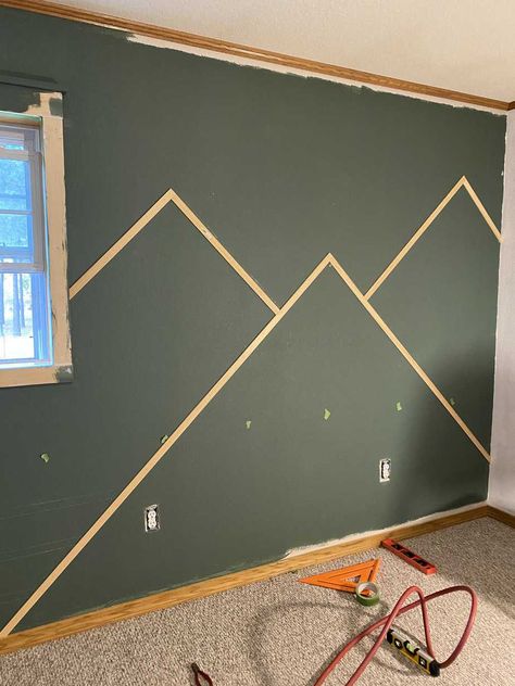 Easy Diy Accent Wall Paint Bedroom, Triangle Accent Wall Bedroom, How To Make A Geometric Accent Wall, Green And Black Accent Wall, Board And Batten Mountain Wall, Accent Wall With Painters Tape Patterns, Mountain Accent Wall Bedroom, Mountain Trim Accent Wall, Mountain Board And Batten Wall