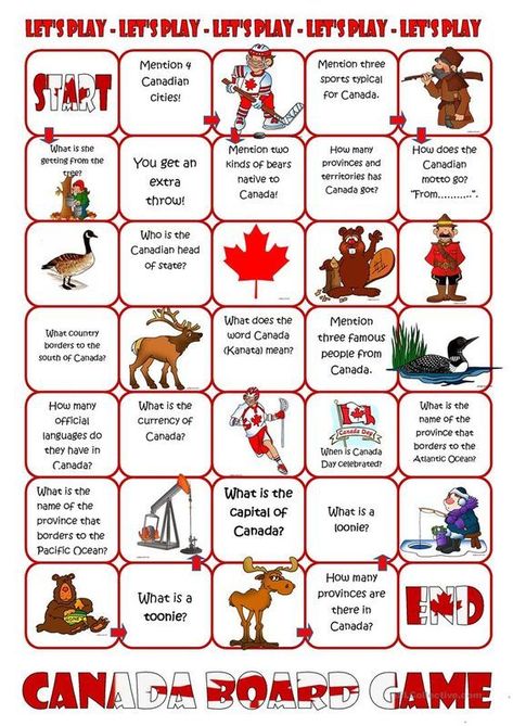 Here's a fun ESL board game about Canada. Students answer questions, describe the pictures, or give the English word for the thing/activity in the picture. Canada Day Games For Kids, Canada Worksheet, Canada Day Games, Canada For Kids, Canadian Social Studies, Canada Day Crafts, Canada Project, Canada Day Party, All About Canada