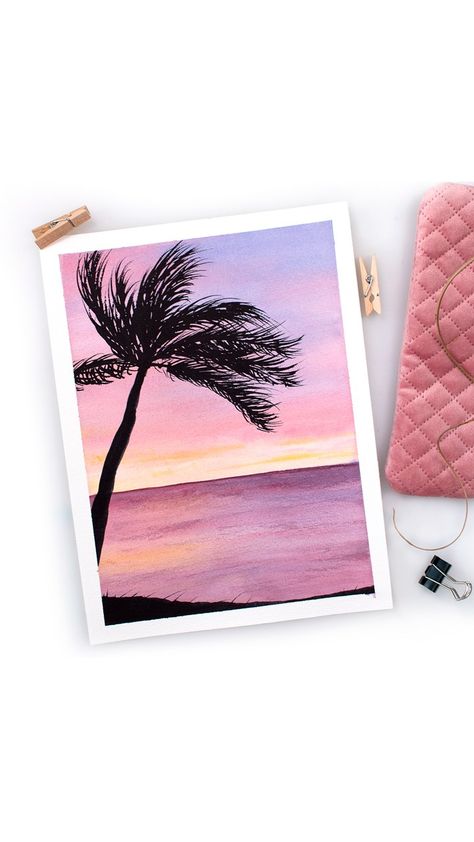 Watercolor Palm Tree Sunset, Bujo Painting, Boho Art Painting, Cheer Workouts, Trees Painting, Palm Trees Painting, Palm Tree Silhouette, Palm Tree Sunset, Watercolor Galaxy