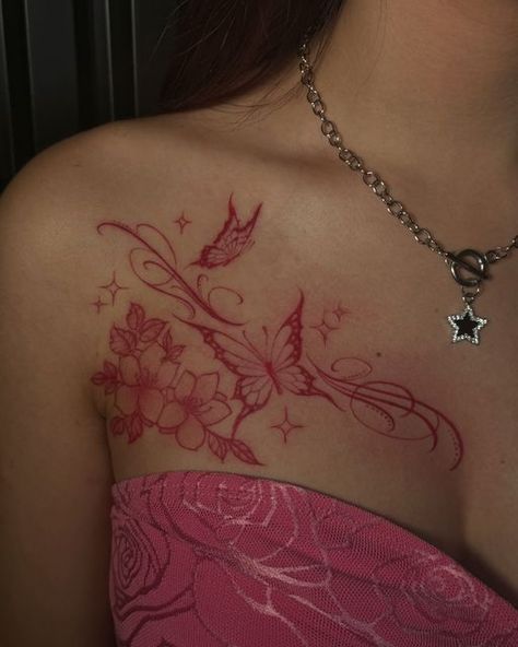 Colorful Chest Tattoos For Women, Body Tats For Women, Colored Cute Tattoos, Colored In Tattoos, Different Color Tattoos, Idea Tattoo For Women, Red Words Tattoo, Thigh Tattoos Women Red Ink, Red Back Tattoo Women