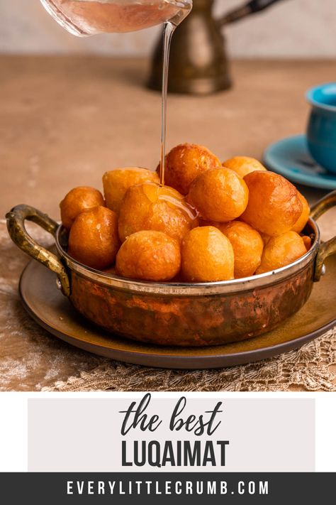 The BEST Luqaimat (or awameh or loukamades), the most delicious crisp on the outside and fluffy on the inside Middle Eastern donuts. This is an easy foolproof recipe! #middleeasternrecipes #middleeasterndesserts #ramadan #luqaimat #lugaimat #awameh #loukamades Kunafa Recipe, Middle Eastern Sweets, Ramadan Desserts, Crumb Recipe, Middle East Food, Middle Eastern Desserts, Sweet Dumplings, Lebanese Recipes, Exotic Food