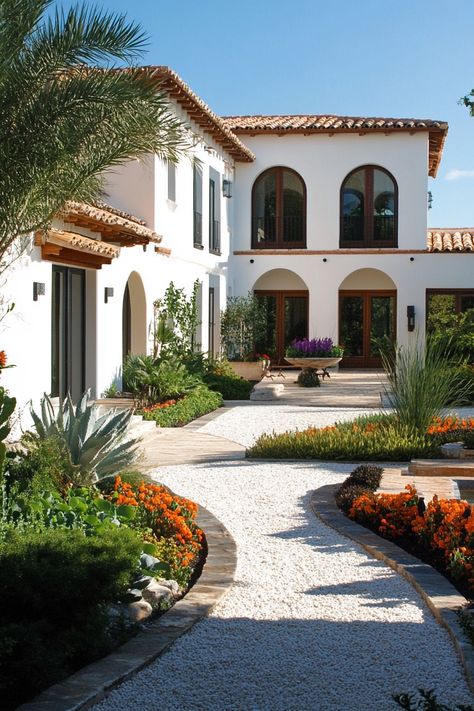 Spanish vila courtyard. View enchanting Spanish villas transform a dream home into a Mediterranean oasis with authentic architectural details and vibrant decor. Modern Spanish Home Exterior Mediterranean Design, Spanish Villa Entrance, Spanish House Entrance, Spanish Mediterranean Exterior, Spanish Revival Home Exterior, Spain House Spanish Style, Spanish Exterior Homes, Spanish Courtyard Ideas, Spanish Villa Home Exterior