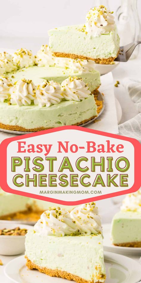 You're going to love this amazing pistachio cheesecake--especially because it's a simple no-bake recipe! Perfect for holiday gatherings, it's a showstopping dessert that tastes amazing. Pistachio Pudding Cream Cheese Dessert, Easy Pistachio Cheesecake Recipe, Pistachio Ricotta Cheesecake, Easy Pistachio Cheesecake, No Bake Pistachio Dessert, Pistachio Desserts Easy, Pistachio Cheesecake No Bake, Pistachio Lush Dessert, No Bake Pistachio Cheesecake