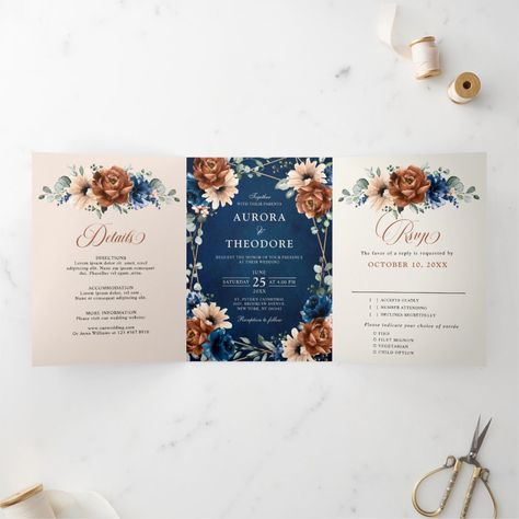 Navy And Terracotta Wedding, Navy Blue And Orange Wedding, Boho Wedding Pampas, Chic Boho Wedding, Wedding Pampas, Wedding Theme Design, Flower Oasis, Rusting Wedding, Terracotta And Green