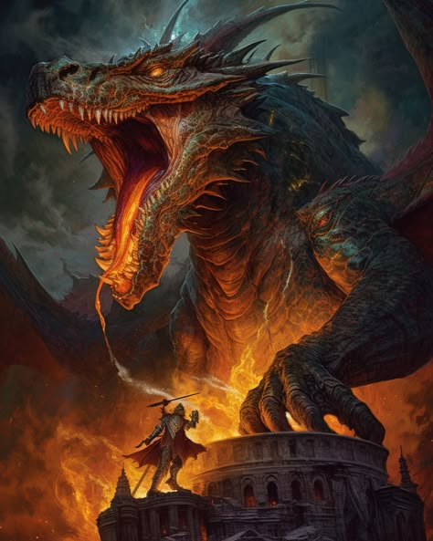 This fantasy AI artwork shows a brave hero against a fire-breathing dragon. It is generated using Midjourney. Dragon Pics, Dragon Medieval, Breathing Fire, Dragon Wallpaper, Legend Of The Cryptids, Mythical Monsters, Fantasy Dragons, Here There Be Dragons, Fire Breathing Dragon