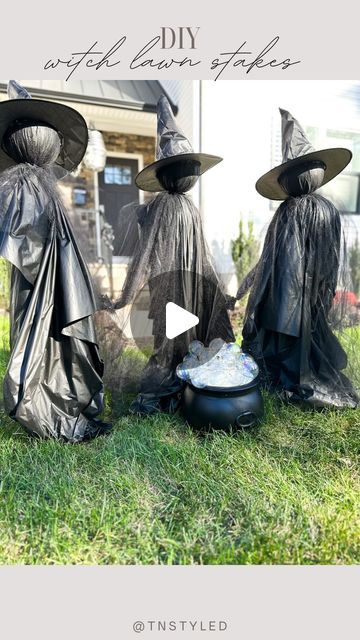 Tara Tedesco | Tnstyled on Instagram: "Comment “WITCH” and I’ll send you everything I used to make these! (Make sure you follow me to get the message otherwise it will be hidden) These are my viral witch lawn stakes that’s you guys go crazy over every year!   This is our third year with these and they have held up perfectly outside in the rain + in storage. I also love the size of these- they aren’t small like many of the ones you see being sold. You can also add a cauldron + other fun props here!   #halloween #halloweendiy #falldiy #falldecor #halloweendecor affordable Halloween DIY, diy, crafts, home, fall" Witch Decorations Diy, Yard Witch, Outdoor Witch, Diy Halloween Witch, Witch Props, Diy Witch, Halloween Lawn, Diy Crafts Home, Halloween Outside