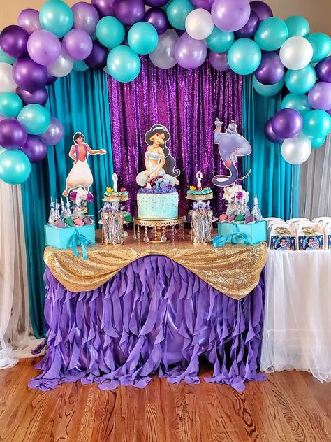 Princess Laureen Ann is 5 | CatchMyParty.com Jasmine Themed Birthday Party, Aladdin Birthday Party Ideas, Princess Jasmine Party, Aladdin Cake, Aladdin Birthday Party, Princess Jasmine Birthday Party, Aladdin Party, Princess Jasmine Birthday