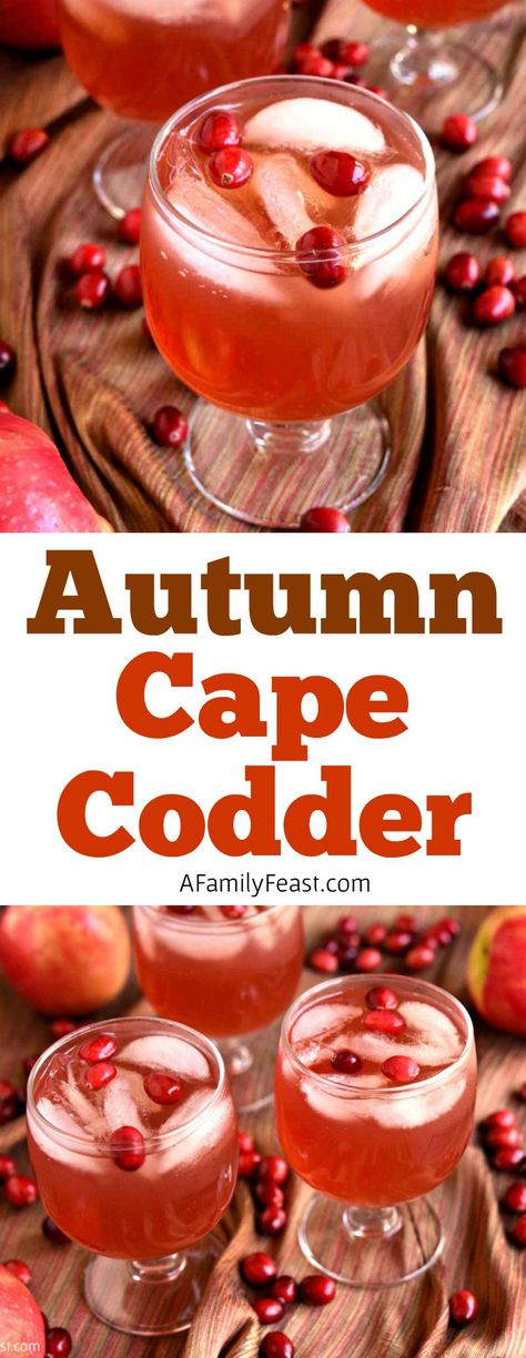 Our Autumn Cape Codder a classic cocktail updated with Fall flavors! Cranberry juice, vodka, apple cider, and apple liqueur plus fresh cranberries for garnish! (So good!) Vodka Apple Cider, Fall Drinks Alcohol, Cranberry Juice And Vodka, Caramel Vodka, Coctails Recipes, Cranberry Vodka, Fall Cocktails Recipes, Mixed Drinks Alcohol, Family Feast