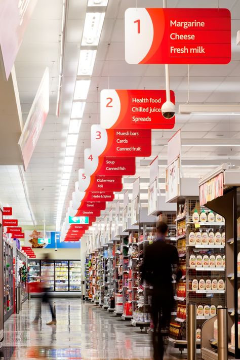 Davidson Branding Retail Coles Supermarket Aisle Wayfinding Signage Signage Design Indoor, Modern Supermarket, Australian Icons, Muesli Bars, Brand Strategy Design, Canned Fruit, Strategy Design, Signage System, Wayfinding Signage