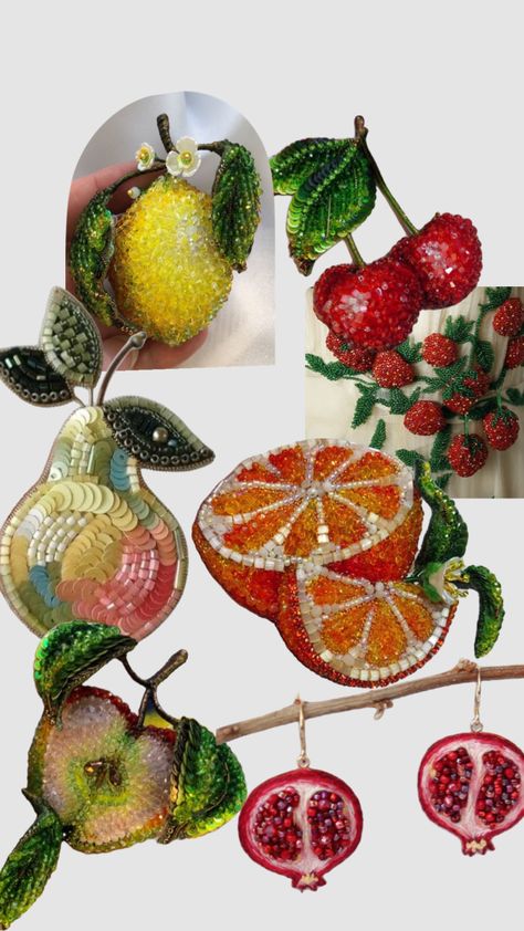 Embroidered beaded tambour fruits Bead Embroidery Bag, Tambour Embroidery Design, Orange Embroidery Fruit, Fruit Bead Embroidery, Olive Beaded Embroidery, Beaded Raspberry, Fruit Embroidery, Beaded Fruit, Beaded Fashion