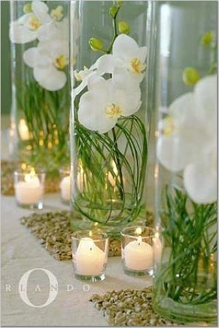 This would be cool in the square ones with  candles around like you had the cool idea.....White Orchid Centerpiece Flowers And Candles, Orchid Centerpieces, Orchid Wedding, Summer Wedding Colors, Deco Floral, White Orchids, Floating Candles, Flower Centerpieces, Floral Centerpieces