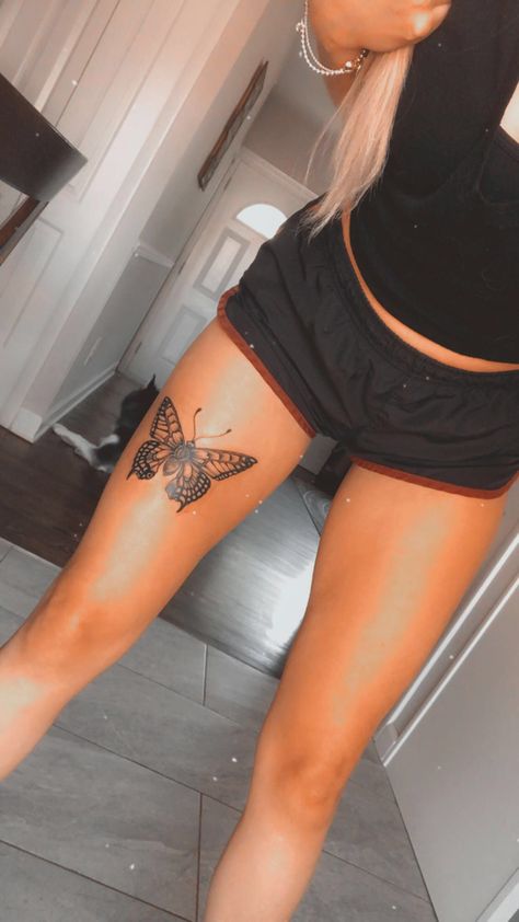 Upper Leg Tattoos For Women Thigh Tat Butterfly, Thigh Tats For Women Butterfly, Upper Thigh Butterfly Tattoo, Butterfly Tattoo Upper Thigh, Tattoo Ideas Leg Female Thigh Piece, Leg Tattoo For Females, Female Leg Tattoos Thigh Piece, Butterfly Thigh Tattoos Women, Thigh Tattoo Butterfly