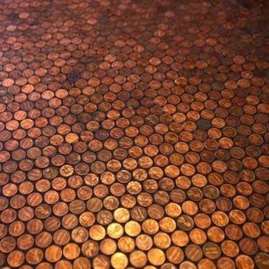 DIY Penny Floor Flooring Ideas Cheap, Penny Flooring, Steampunk Bathroom, Penny Floor, Black Grout, Alternative Flooring, Cheap Flooring, Copper Mosaic, Steampunk House