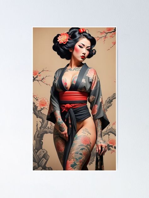 Sexy Japanese Oriental Inked Tattooed Pinup Geisha Lady Poster.  #pinup #geisha #inked #japanese Tattooed Pinup, Geisha Tattoo, Inked Tattoo, Girl Drawings, Girl Drawing, Ink Tattoo, Art Boards, Sale Poster, Photographic Print