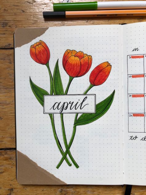 There is a bullet journal cover page for April. The bullet journal theme is tulips and flowers. Bullet journal theme for spring Daily Bullet Journal, April Bullet Journal, Handmade Greeting Card Designs, Copic Marker Art, Bullet Journal Paper, Bullet Journal Ideas, Day Planner Design, Bullet Journal Mood, Bullet Journal Aesthetic