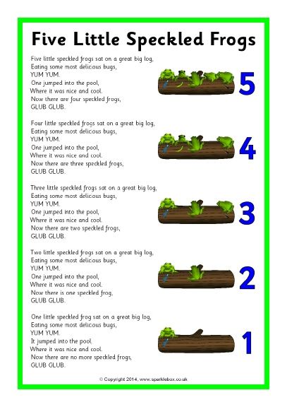 Five Little Speckled Frogs song sheet (SB10901) - SparkleBox Frog Worksheet, Five Little Speckled Frogs, Frog Song, Toddler Songs, Speckled Frogs, Transition Songs, Nursery Rhymes Lyrics, Counting Songs, Circle Time Songs