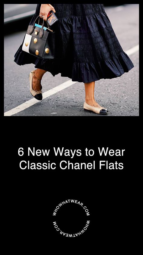 Black Chanel Flats Outfit, Flats With Skirts, How To Style Chanel Ballet Flats, Styling Chanel Ballet Flats, Ballet Flats Parisian, Chanel Ballet Flats Street Style, Chanel Ballet Flats Outfit Casual, Chanel Ballet Flats Outfit Classy, Chanel Classic Ballet Flats Outfit