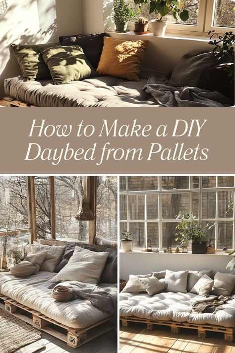 Build a cozy DIY daybed using wooden pallets for a functional and stylish addition to your home. #DIYDaybed #PalletProjects #CozySpaces Pallet Daybed, Cozy Diy, Diy Daybed, Lounging Area, Pallet Seating, Made From Pallets, Small Balcony Decor, Small Balcony, Wooden Pallets