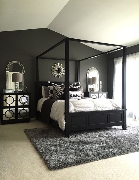 Hi, everyone! Can't believe 2015 is coming to a close! Thought I'd wrap up the year by answering the many questions I get about our master bedroom Black And White Bedroom, Silver Bedroom, White Bedroom Decor, Glam Living, Black Bedroom Furniture, Small Bedrooms, Mens Bedroom, Design Salon, Bedroom Style