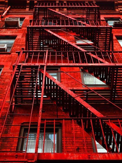 Red Apartment, Building Wall, Red Pictures, Custom Wall Murals, Fire Escape, Apartment Aesthetic, Urban Architecture, Picture Collage Wall, Photo Wall Collage