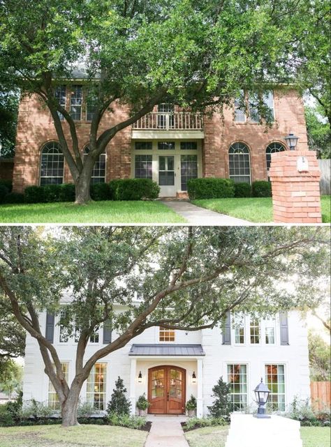 Dated 90's brick home exterior gets a timeless facelift. Before and after home exterior. Painted Brick House, Home Exterior Makeover, Exterior Renovation, Brick Exterior House, Exterior Makeover, Exterior Remodel, Windows Exterior, White Brick, Painted Brick