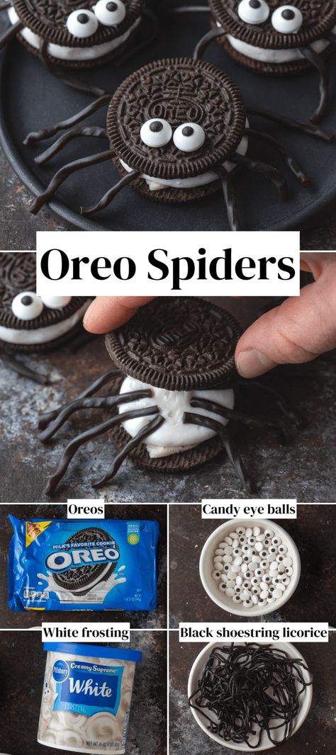 Made with just 4 ingredients, these Oreo Spiders are a fun and easy Halloween dessert. No baking or cooking is required, making them a treat the entire family can enjoy making. Halloween Rice Krispie Treats Ideas Spider Web, Halloween Treats Spiders, Spider Oreo Cupcakes, Oreo Dessert Halloween, Edible Spiders For Halloween, Spider Desserts Halloween, Oreo Cookie Halloween Treats, Spider Oreos Halloween, Halloween Spider Food