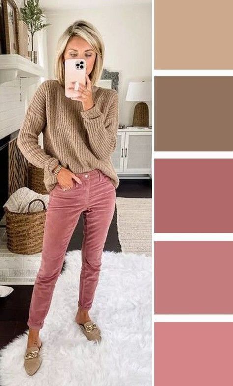 Pink And Beige Outfit, Autumn Color Palette Fashion, Pink Pants Outfit, Soft Summer Palette, Colour Combinations Fashion, Look Rose, Color Combos Outfit, Pull Rose, Modesty Outfits