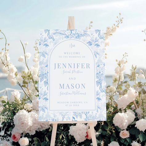 Welcome your guests in classic style with this charming bohemian light blue and white wedding welcome sign, mounted on durable foam board. Showcasing an exquisite chinoiserie pattern inspired by blue porcelain, this sign adds a touch of delicate elegance to your wedding entrance, setting the tone for a celebration immersed in natural beauty and sophistication. Blue And White Wedding Reception, Chinoiserie Backdrop, Chinoiserie Wedding Backdrop, Light Blue Themed Wedding, Baby Blue And White Wedding, Blue China Wedding, Light Blue And Pink Wedding, Light Blue And White Wedding, Welcome Party Wedding