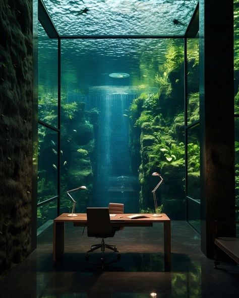 Aquarium Interior Design, Aquarium Interior, Big Fish Tanks, Masculine Office, Big Aquarium, Underwater House, Home Aquarium, Image Swag, Aquarium Design