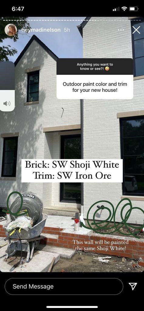 Painting White Brick Exterior, White House With Iron Ore Trim, Shoji White Painted Brick Exterior, Shoji White Brick Exterior, Shoji White With Iron Ore, Shoji White And Iron Ore Exterior, Iron Ore And Shoji White, Iron Ore Exterior Trim, Sw Shoji White Exterior