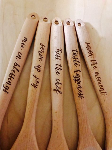 Wood Burned Utensils, Wooden Spoon Gift Ideas, Rs Gifts, Wood Burn Spoons, Engraving Projects, Mom Kitchen, Spoon Gifts, Laser Projects, Kitchen Spoon