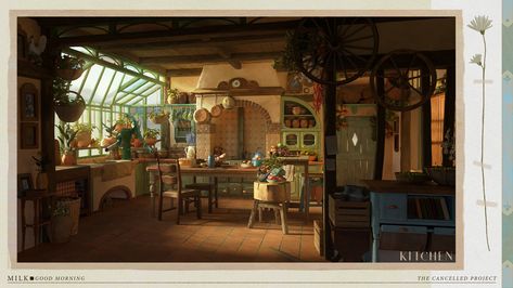 Cottage Concept Art Interior, Fantasy Kitchen Art, Cottagecore Concept Art, Cozy Kitchen Illustration, Fantasy Kitchen Concept Art, Kitchen Fantasy Art, Cottage Bakery Aesthetic, Bakery Concept Art, Kitchen Concept Art