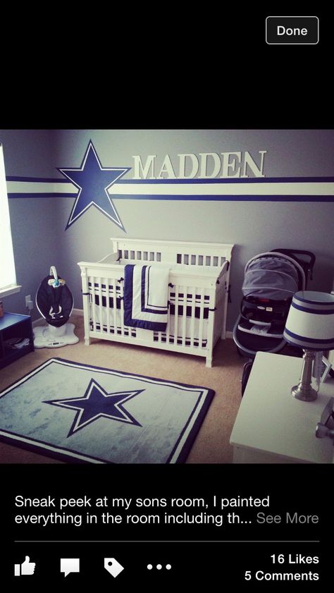 Dallas cowboys nursery.. I may have to find a cowboys baby daddy ;) Dallas Cowboys Nursery, Dallas Cowboys Bedroom, Dallas Cowboys Baby Shower, Dallas Cowboys Room, Cowboy Bedroom, Cowboy Home Decor, Cowboy Room, Cowboy Nursery, Dallas Cowboys Baby